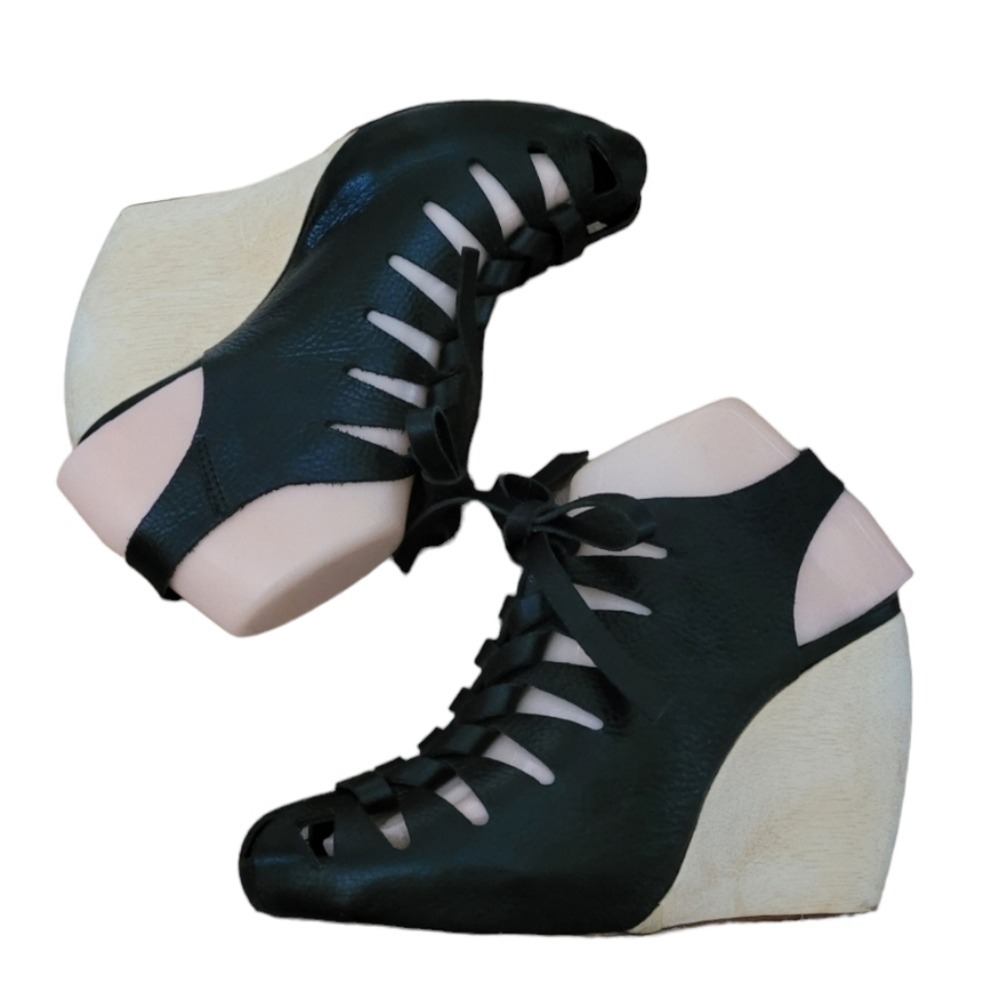 Loeffler Randall Black Leather Cage Lace Up Wood‎ Wedge Peep Toe Sandals
